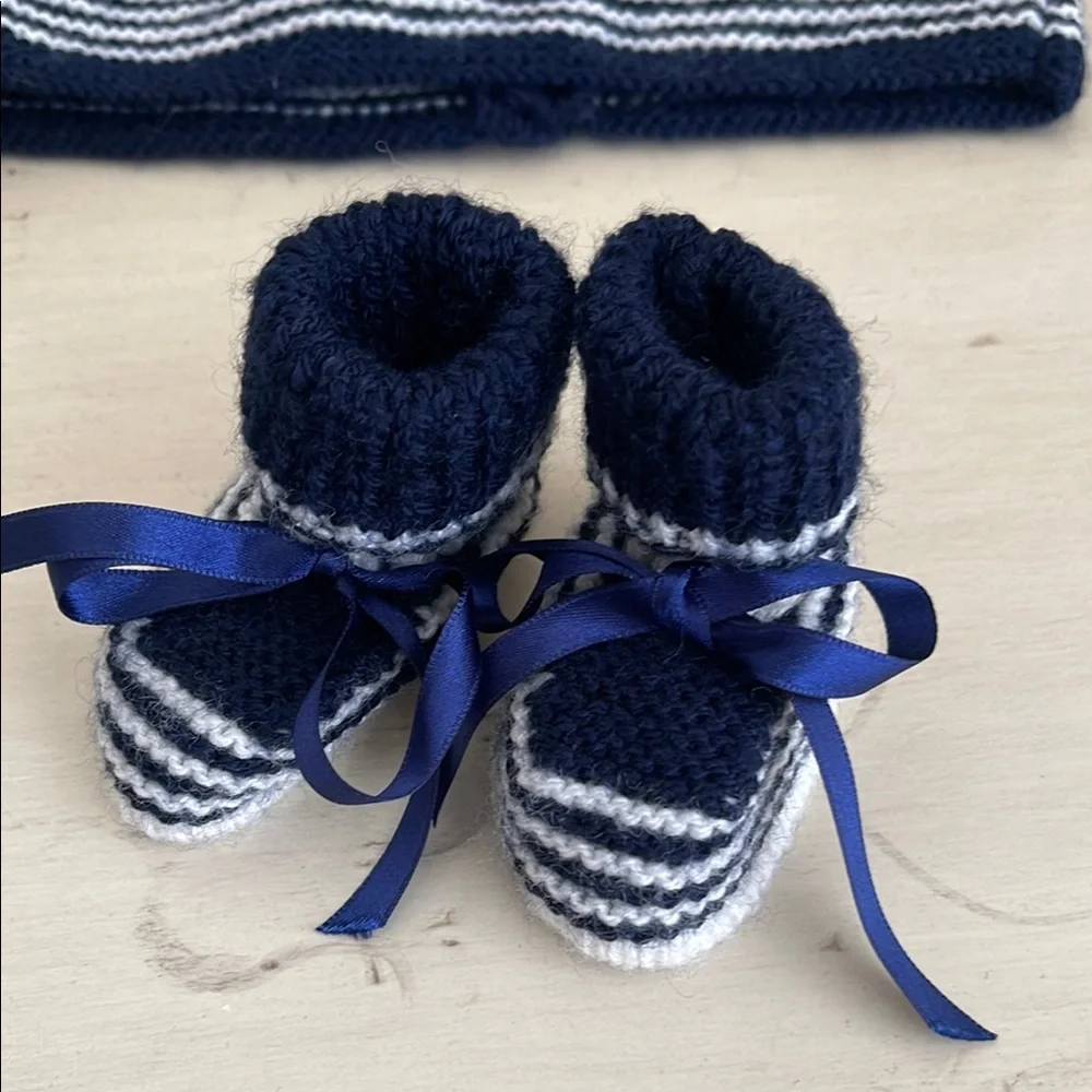 Hand Knit Striped Navy and White Baby Sweater with Booties